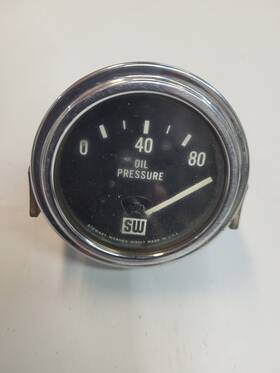 419107 Stewart Warner Vintage 80 Lbs Oil Pressure Gauge Large Logo Brass Case 0-80 Psi