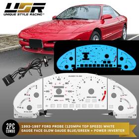 El-fd019-3 Unique Style Racing Usr Blue/green Glow Gauge White Overlay For 93-97 Ford Probe 120mph Cluster