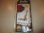 Bucilla Counted Cross Stitch Kit Holiday Holly Tablerunner #84031 Crochet Edge. Fixed Price $14.99.