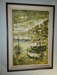 Vintage Large Warren Woodward Original Harbor Oil Serigraph W/ Wooden Frame. Fixed Price $60.00.